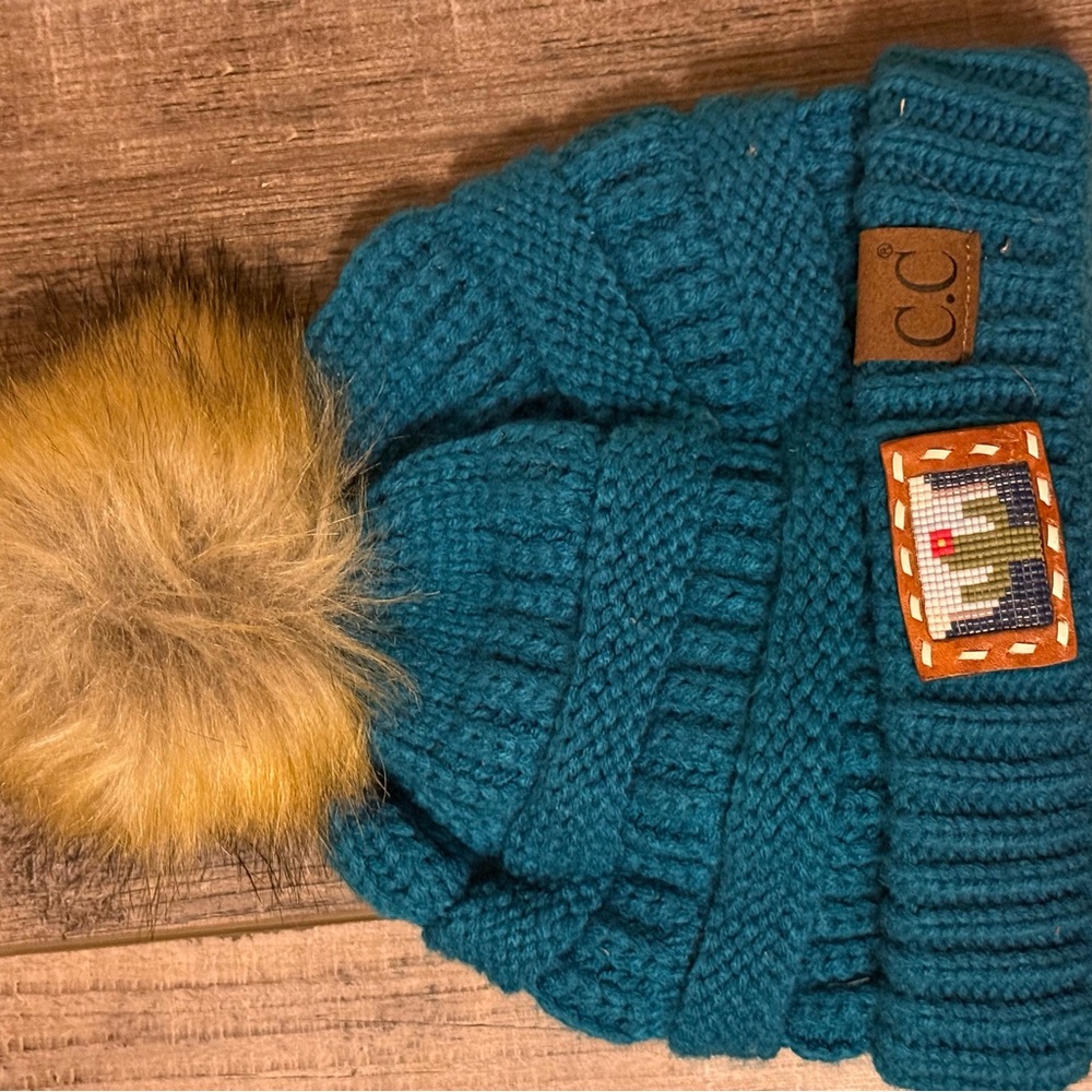 C.C  Turquoise Knit Beanie with Pom-Pom